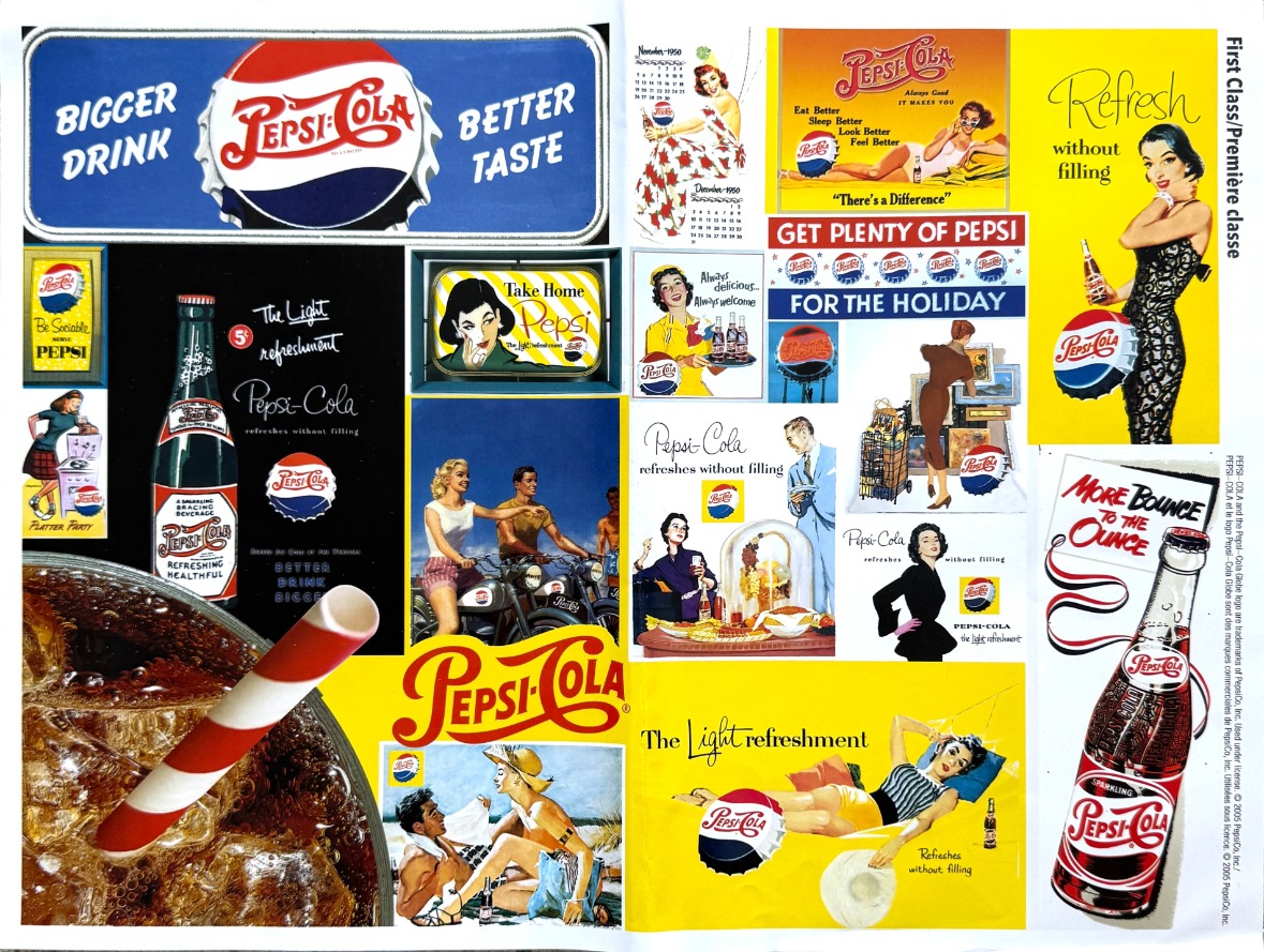 A collage of vintage mid-century advertisements featuring the same iconic soda brand.