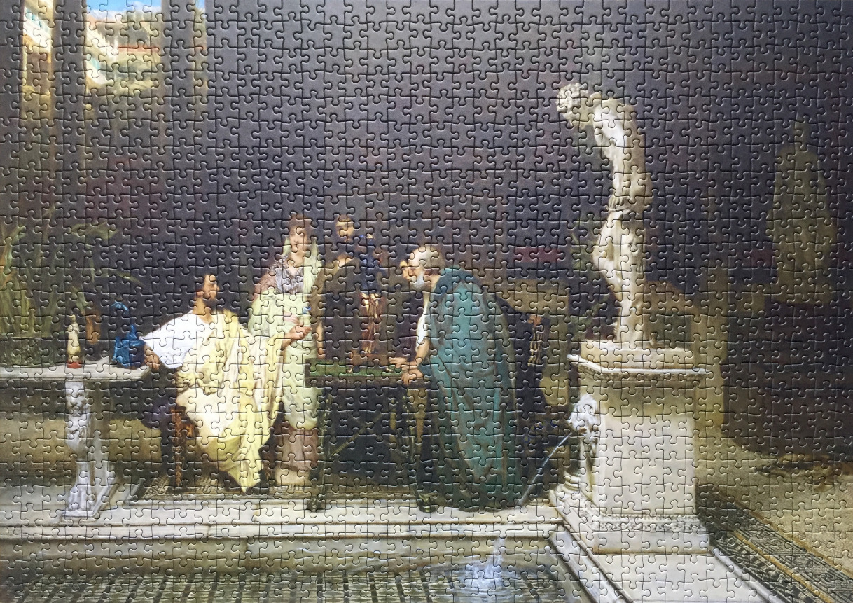 A classical Roman scene depicting a man and woman in a courtyard with a statue, marble fountain, and a dark, moody atmosphere
