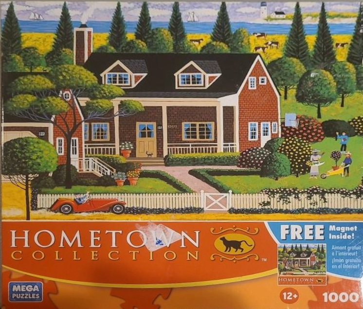 A folk-art style illustration of a charming suburban house with a red convertible in the front yard.