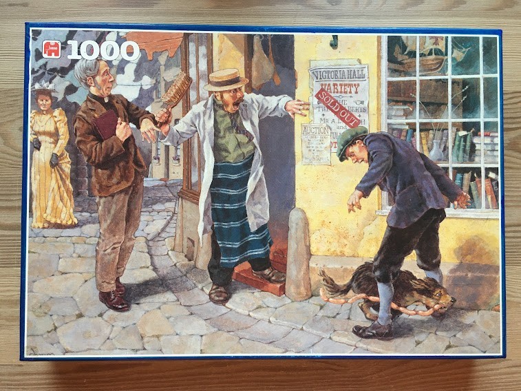 Illustration of a chaotic market scene with a butcher, a clergyman, and a dog stealing sausages.