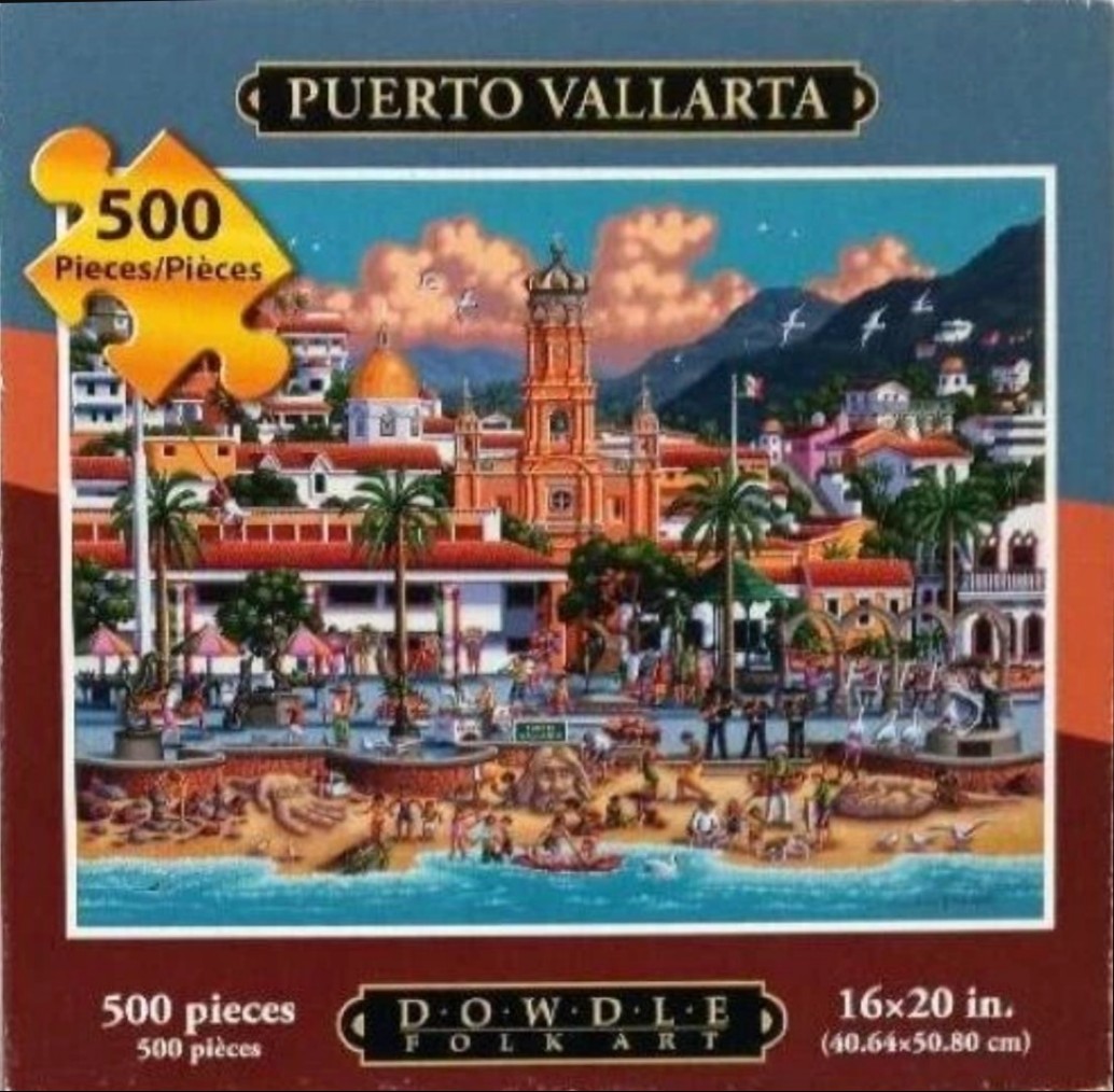 Folk art illustration of the Puerto Vallarta beach and city skyline at sunset.