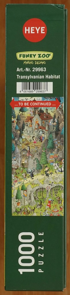 Cartoonish Transylvanian scene with spooky buildings, monsters, and animals.