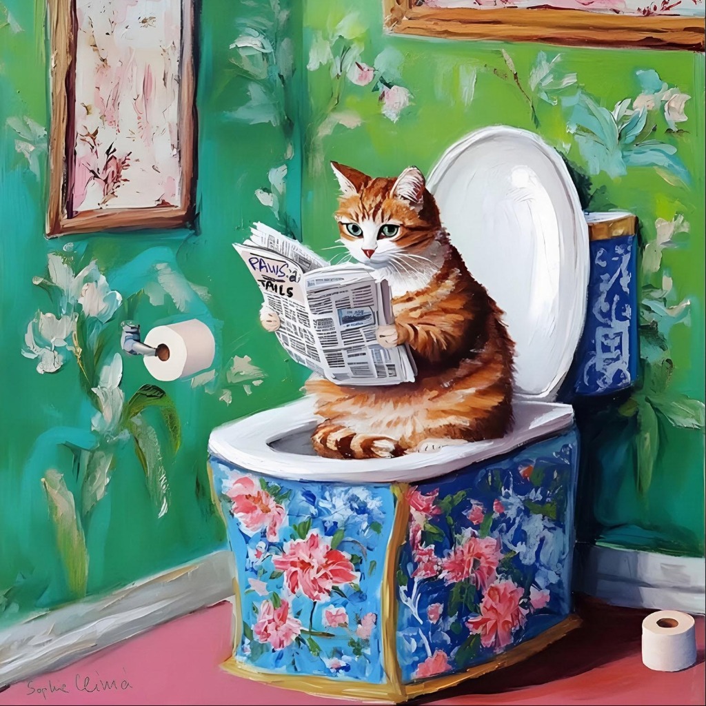 A ginger tabby cat sitting on a blue floral toilet reading a newspaper.