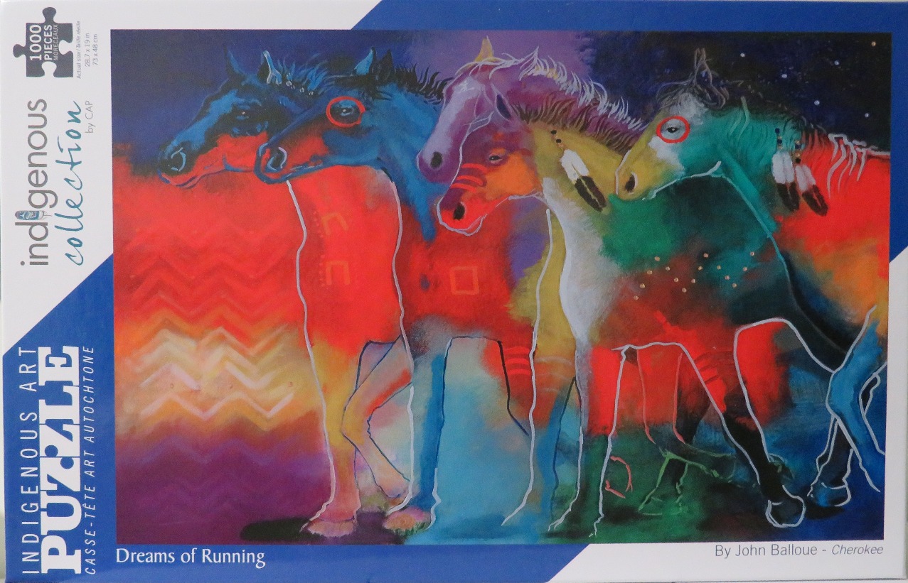 An expressive painting of four stylized horses in vibrant, overlapping colors against a dark, celestial background.