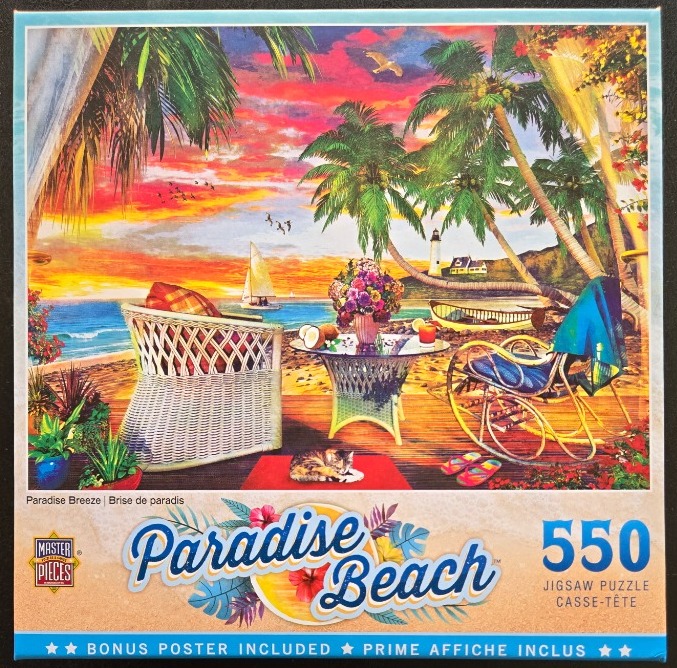 A tropical beach terrace at sunset with wicker furniture, a cat, and a scenic ocean view.