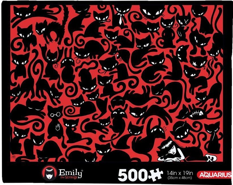 Pattern of black cat silhouettes on a vibrant red background, with a small illustration of a girl in the bottom corner.