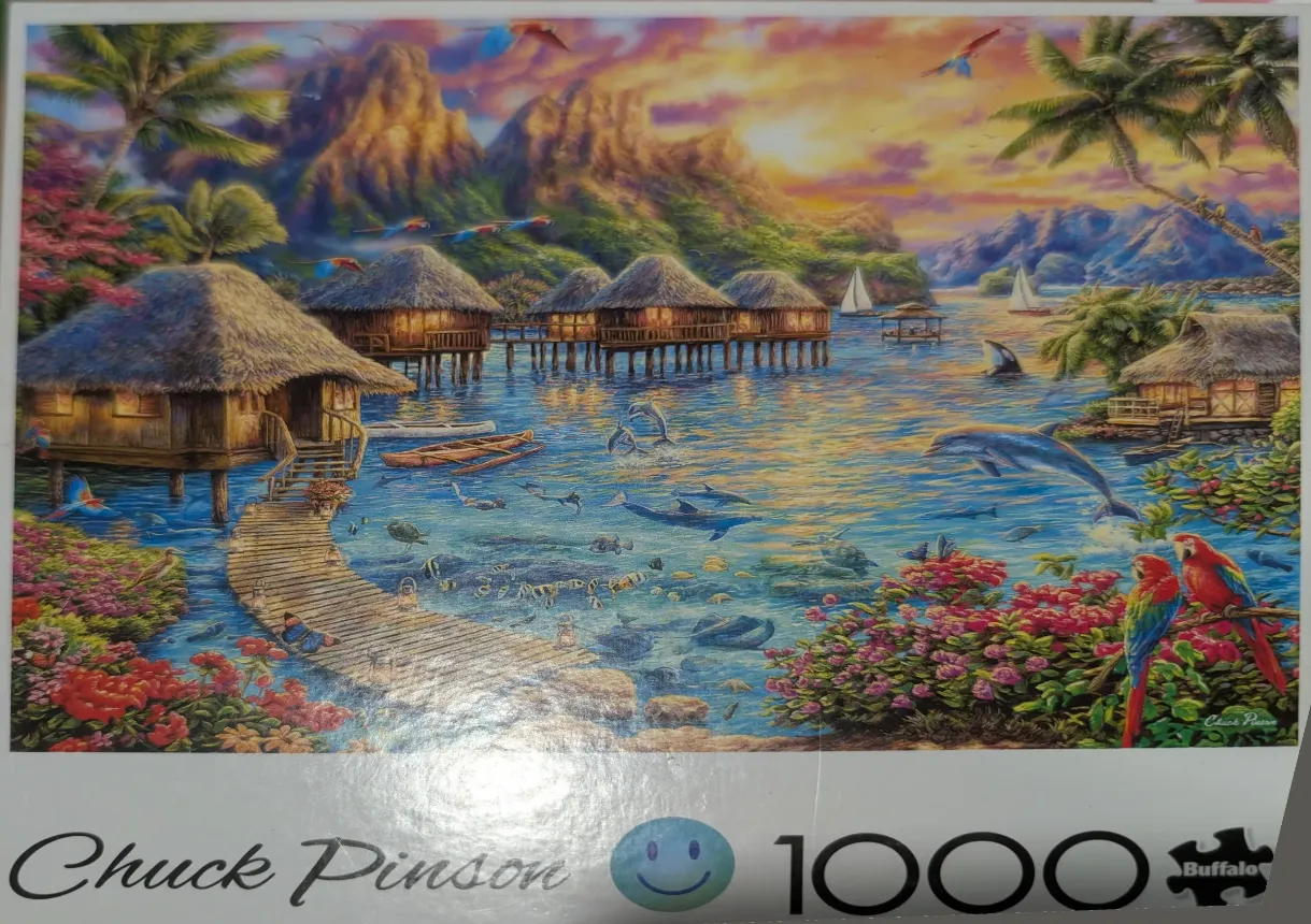 Tropical island paradise with overwater bungalows, dolphins, and colorful birds at sunset.