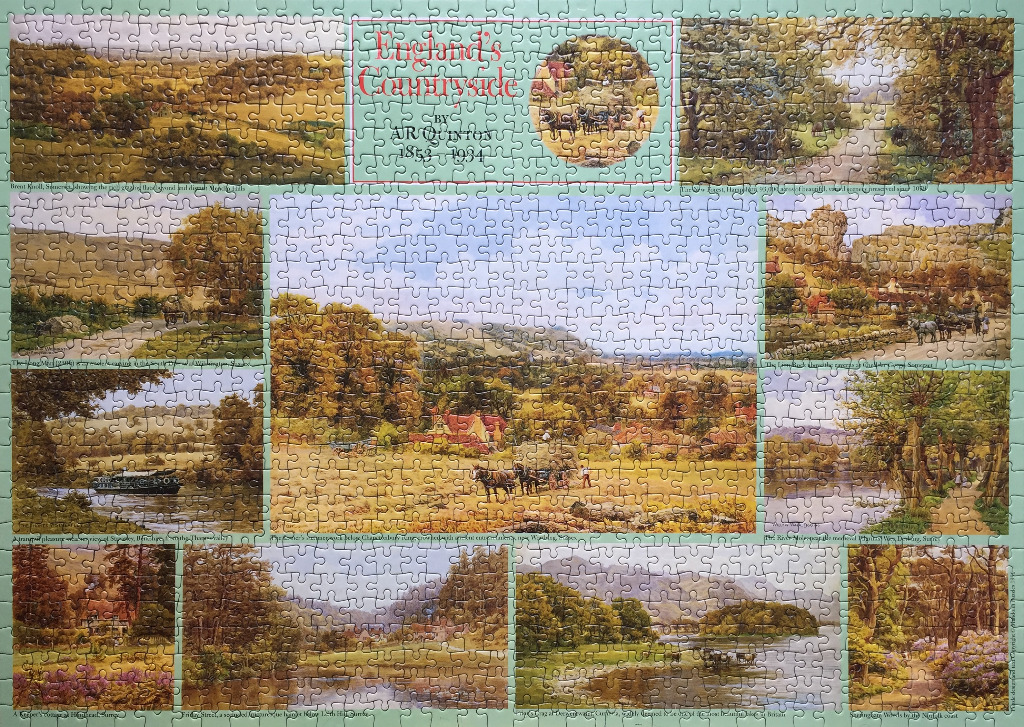 A montage of ten traditional landscape oil paintings featuring rural English scenes by A.R. Quinton.