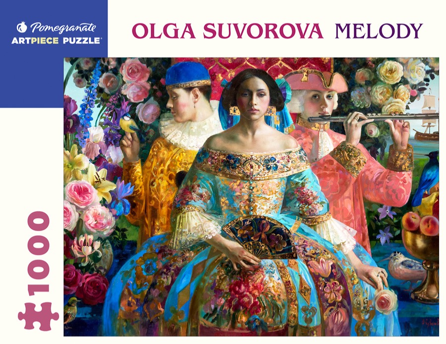 Three figures in historical-style attire surrounded by abundant flowers and birds in a vibrant, decorative painting.