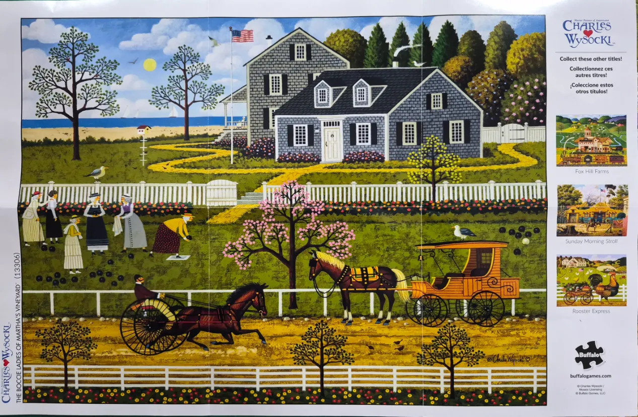 A whimsical folk-art style scene featuring women playing bocce ball in front of a coastal house and a horse-drawn carriage.