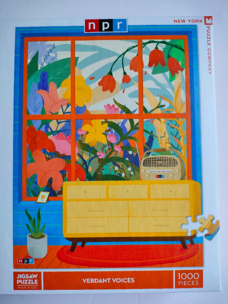 A vibrant, flat illustration of a yellow dresser sitting in front of a window filled with colorful tropical plants.