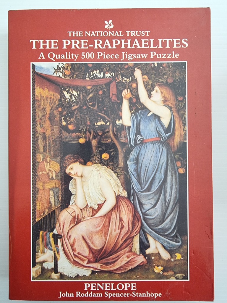 A Pre-Raphaelite painting of two women in an orchard, one weaving at a loom and the other picking fruit.