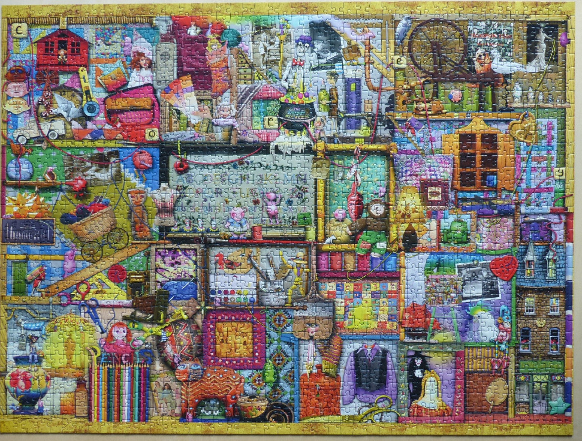 A whimsical, busy collage illustration depicting a collection of miscellaneous objects, toys, and architectural elements.