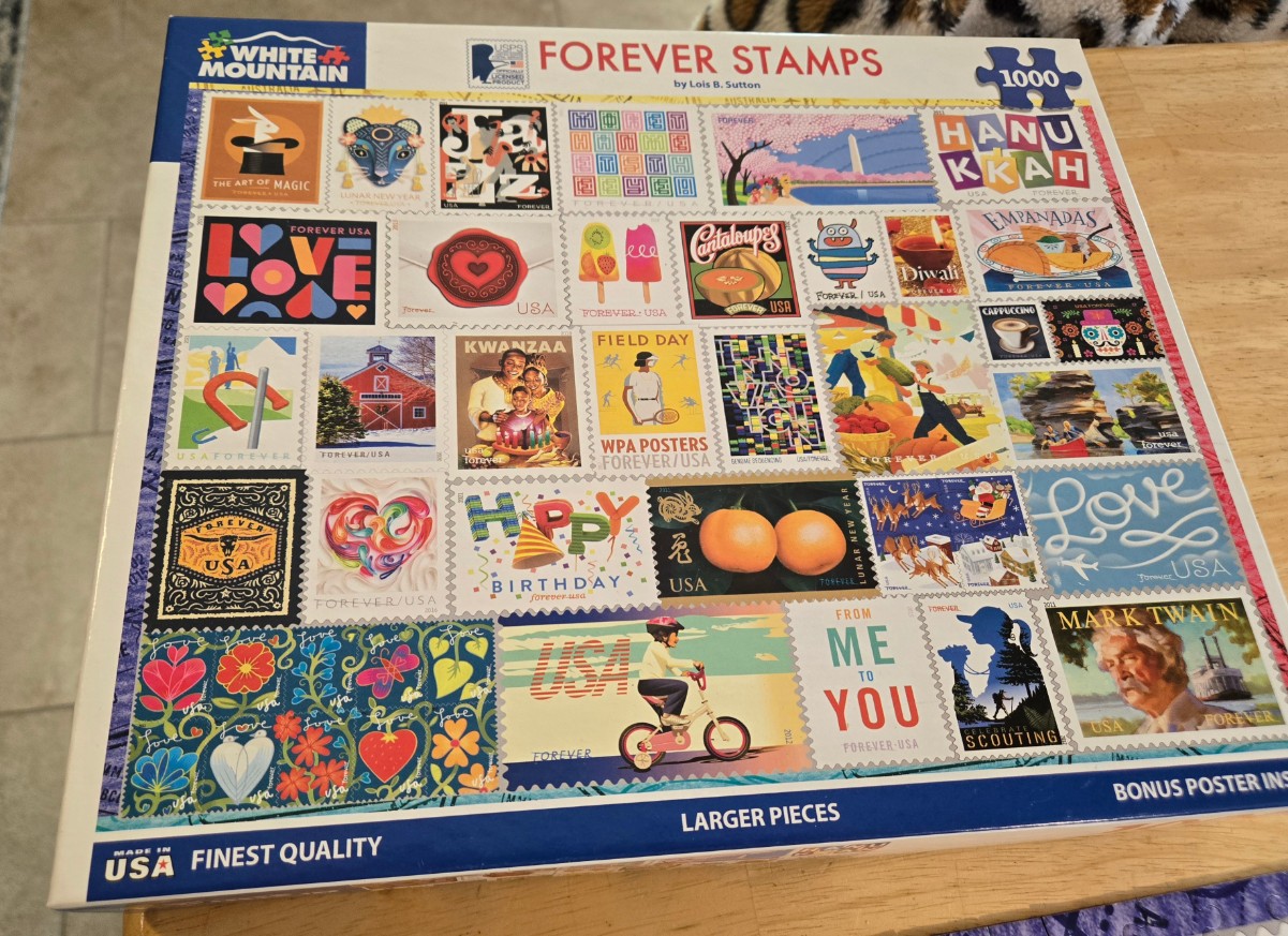 A collage of various colorful Forever postage stamps featuring diverse American themes, holidays, and cultural icons.