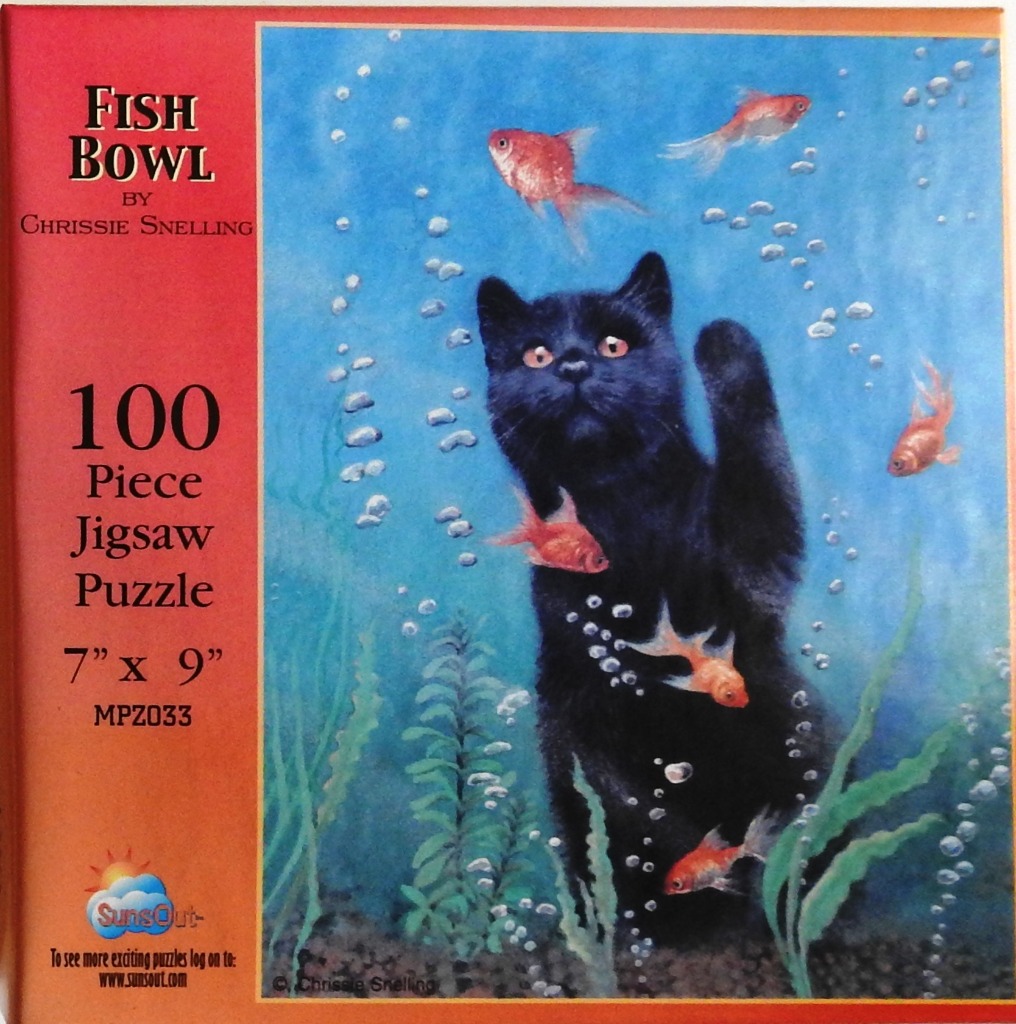 A black cat underwater interacting with several goldfish in a blue tank.