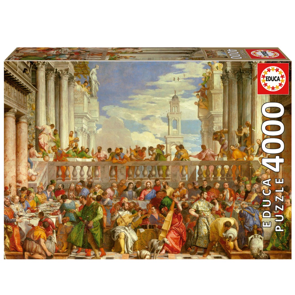 Classical oil painting showing the Wedding Feast at Cana with a large crowd in an ornate architectural setting.