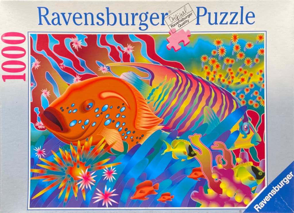 Vibrant, psychedelic underwater scene featuring a large orange fish, a striped angelfish, and colorful coral reefs.