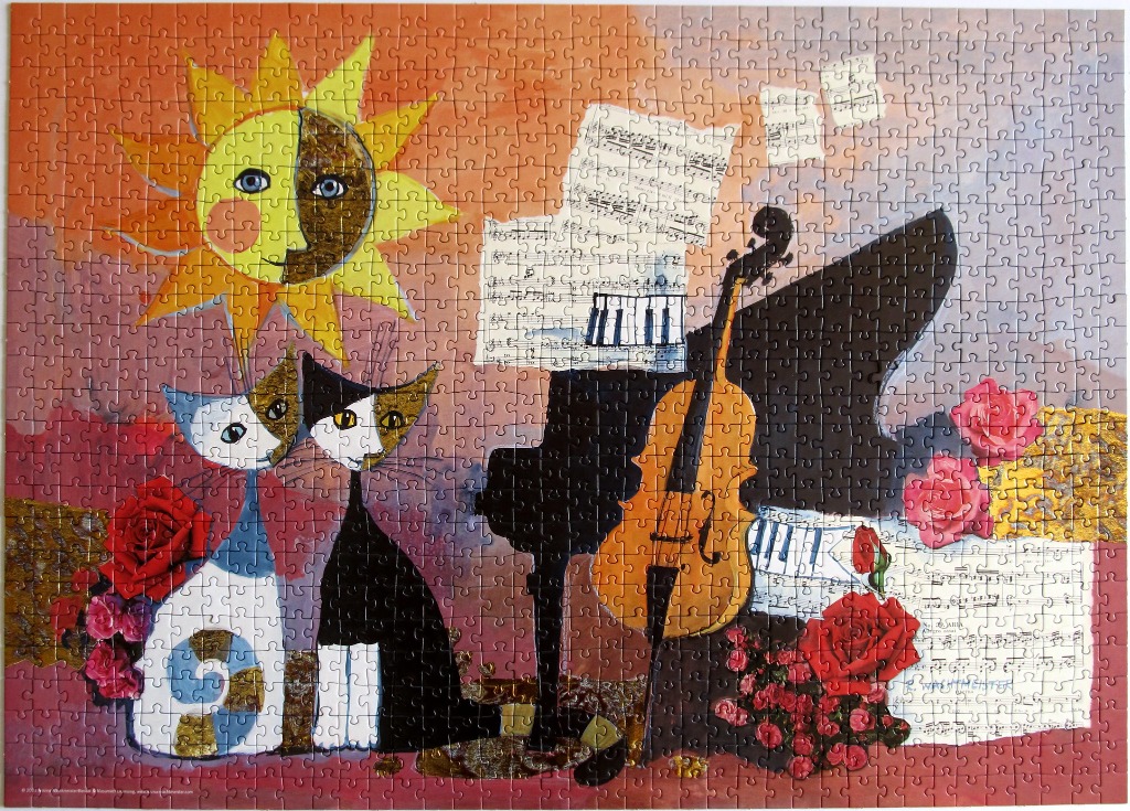Stylized illustration of two cats sitting by a piano and violin with a sun face and roses in a warm, artistic scene.