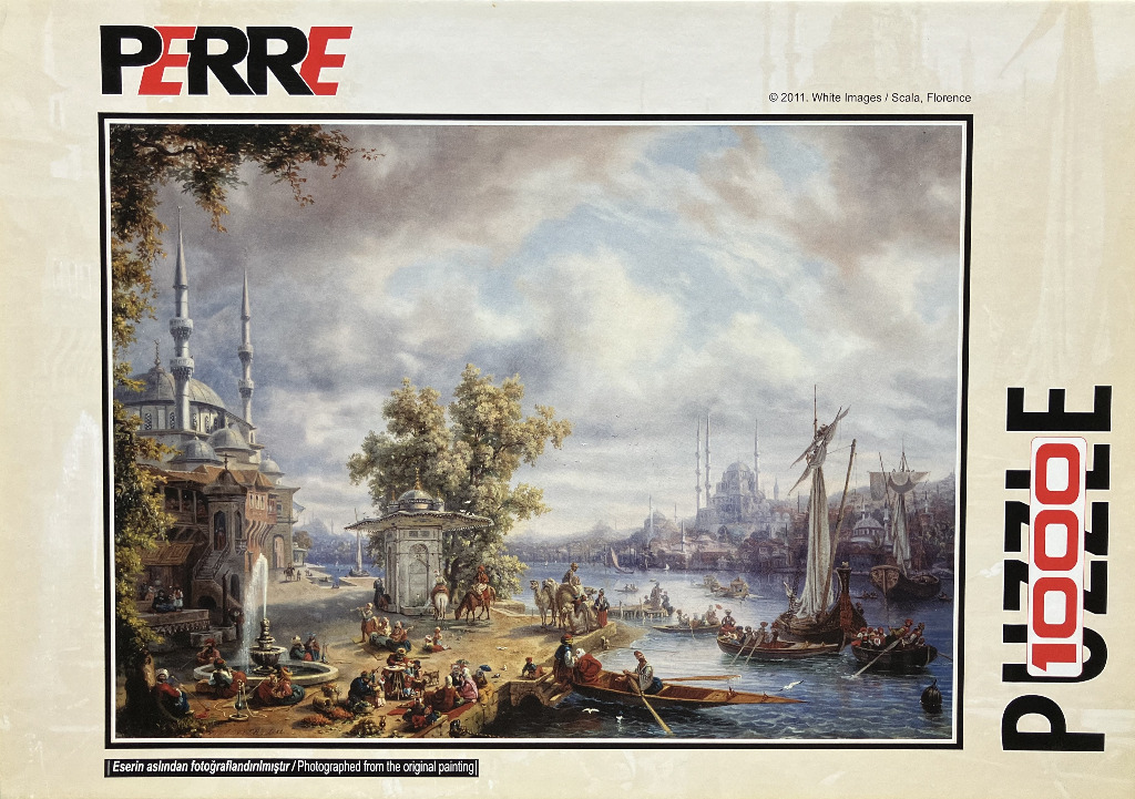 A romanticized oil painting of an Ottoman-era waterfront with a mosque, fountain, and boats.