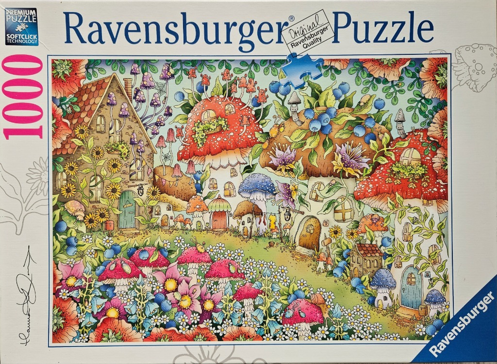 Whimsical illustration of a fantasy village of houses shaped like mushrooms and cottages nestled in a colorful garden.