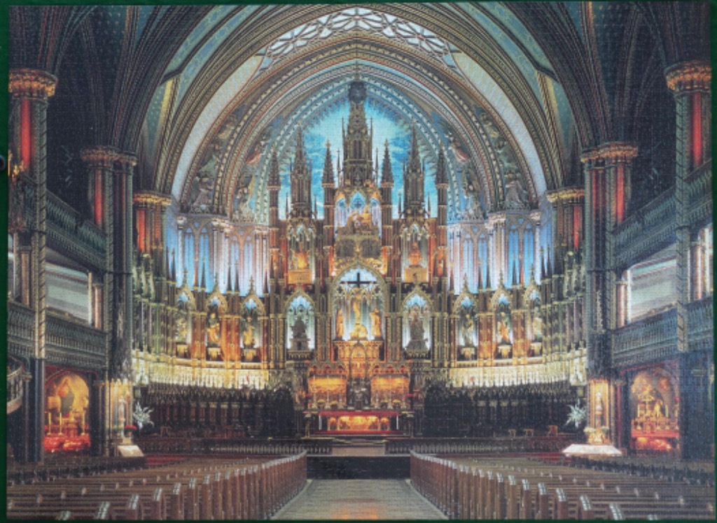 Interior view of the ornate Notre-Dame Basilica of Montreal with tall vaulted ceilings and a detailed wooden altar.