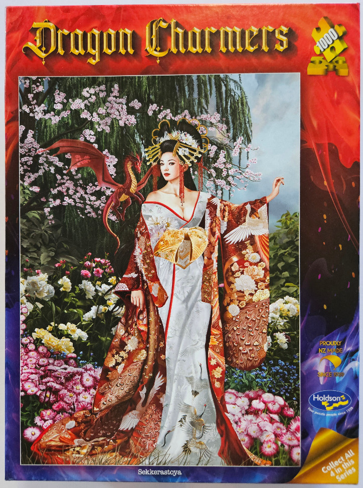 A fantasy illustration of a woman in a kimono standing in a floral garden with a small dragon.
