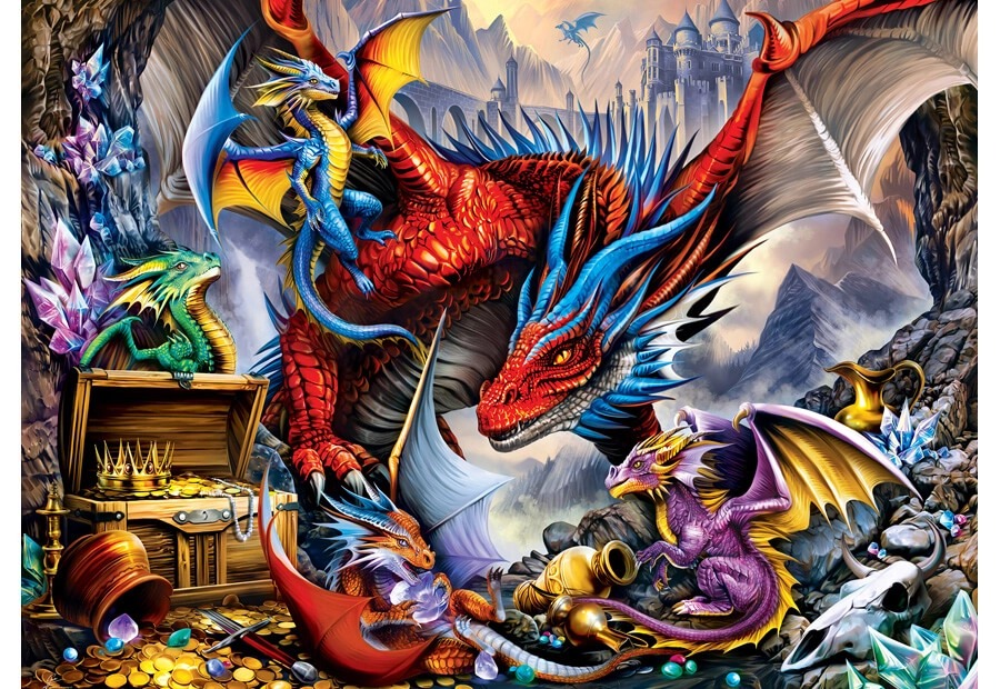 A large red dragon surrounded by four smaller colorful dragons in a cave filled with treasure and crystals.