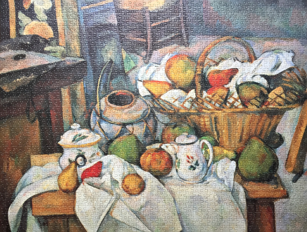 A post-impressionist style still life painting featuring fruit, a woven basket, and ceramics on a rustic table.