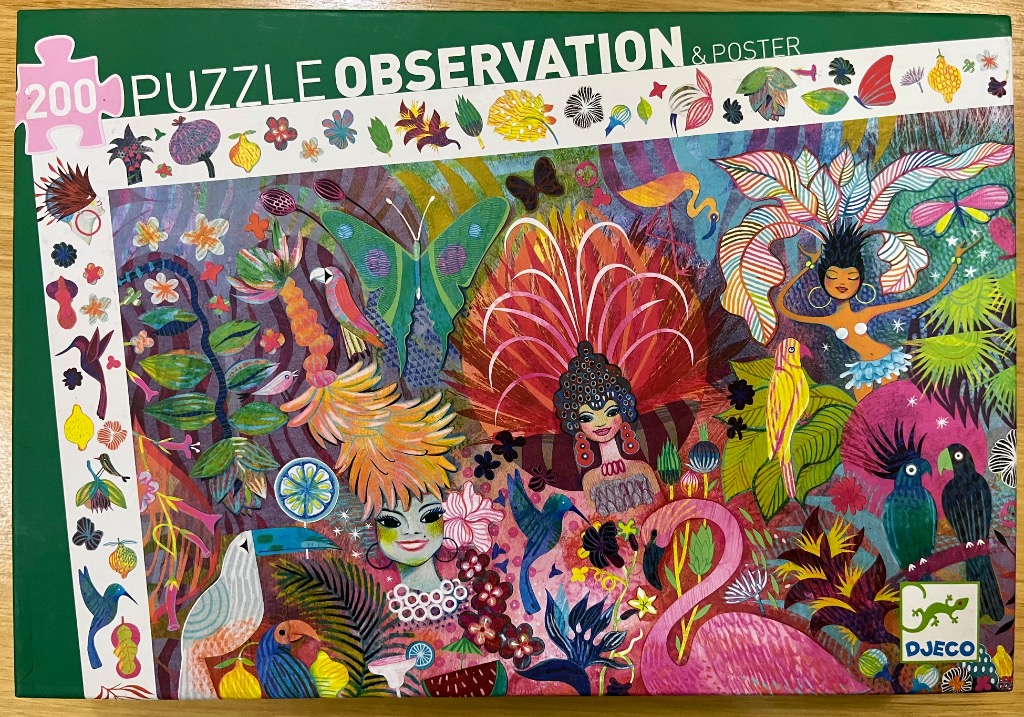 A vibrant, surreal jungle scene featuring stylized women in festive carnival costumes, tropical birds, and butterflies.
