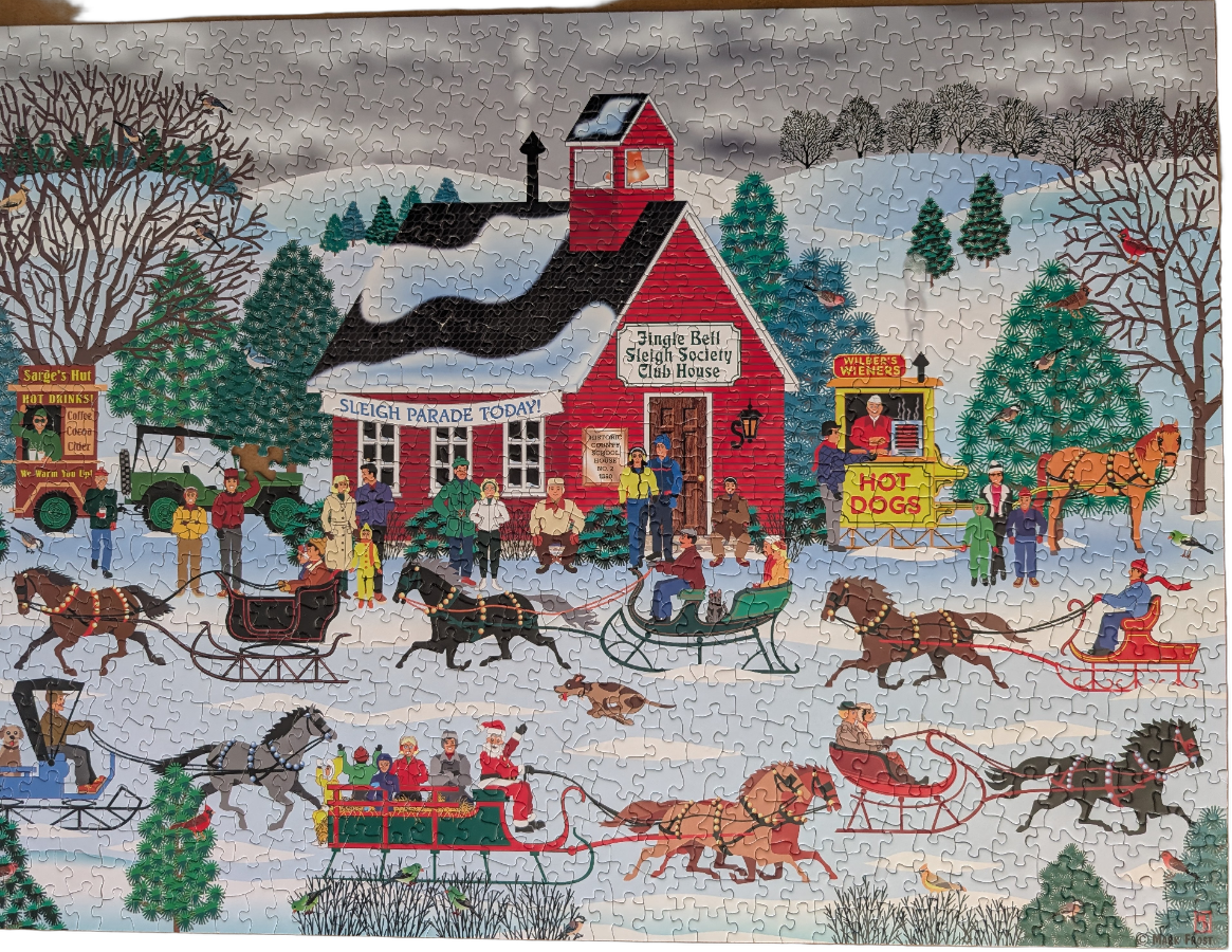 A wintry scene featuring a red schoolhouse, horse-drawn sleighs, and people gathering for a holiday parade.