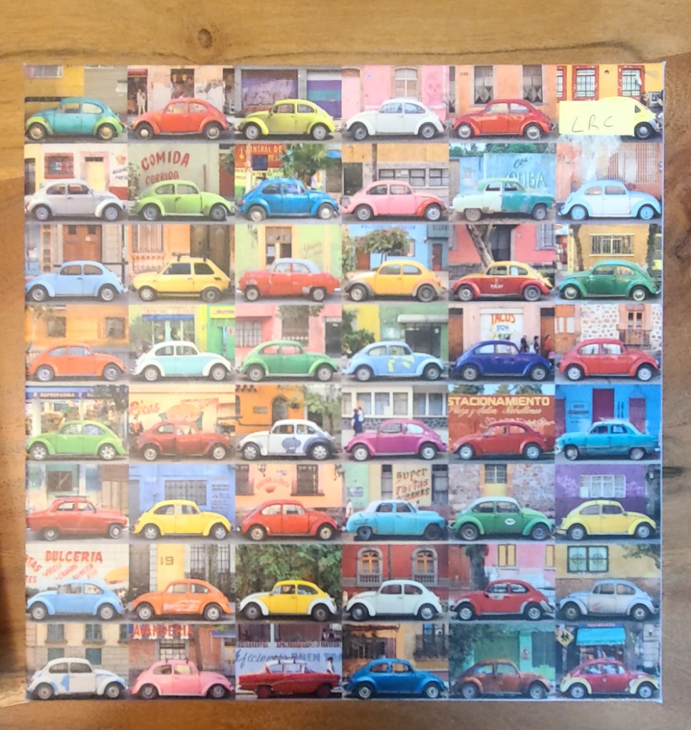 A grid of 42 photographs featuring colorful Volkswagen Beetle cars parked in front of vibrant urban buildings.