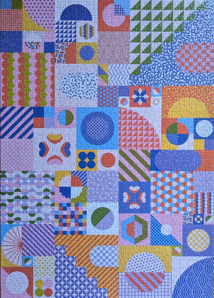 A colourful grid-based abstract pattern featuring various geometric shapes, textures, and retro-inspired designs.