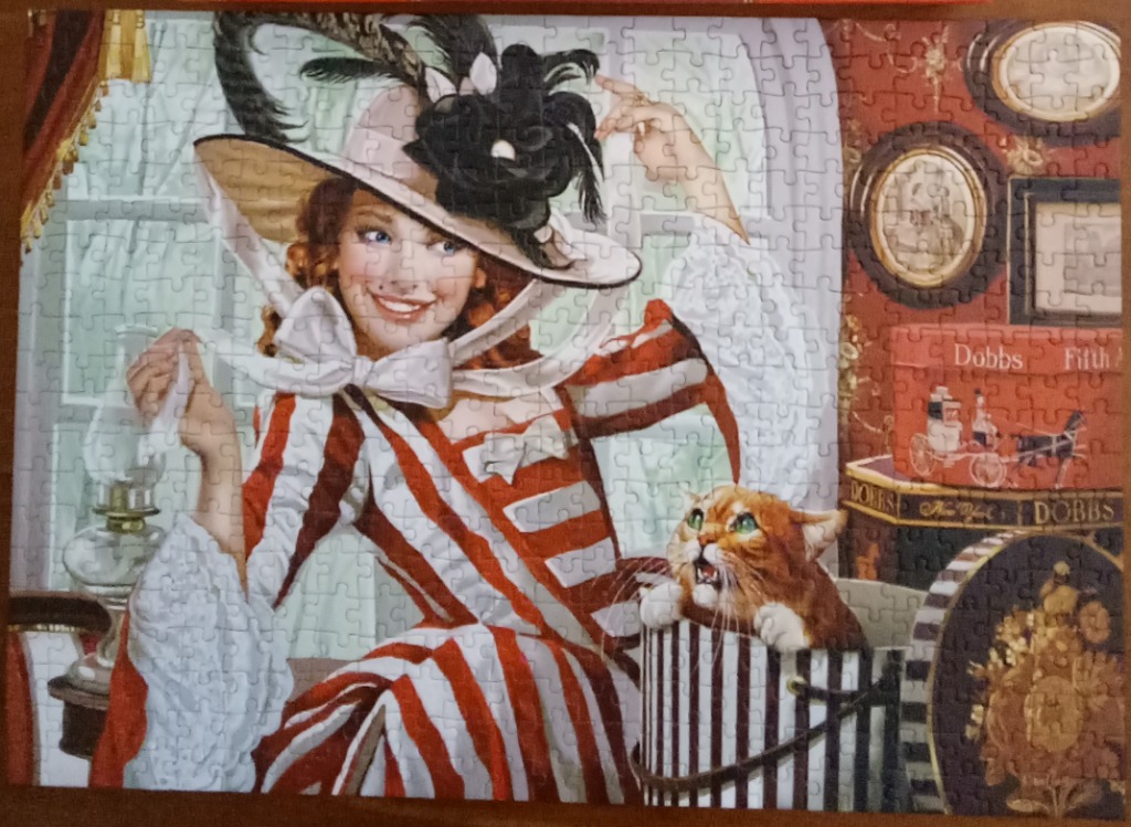 An illustration of a woman in a vintage striped dress and wide-brimmed hat with a cat in a hatbox.