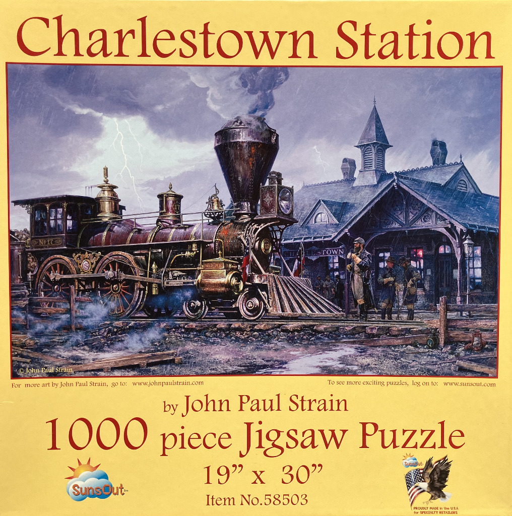 A historical illustration of a steam locomotive at Charlestown Station during a thunderstorm.