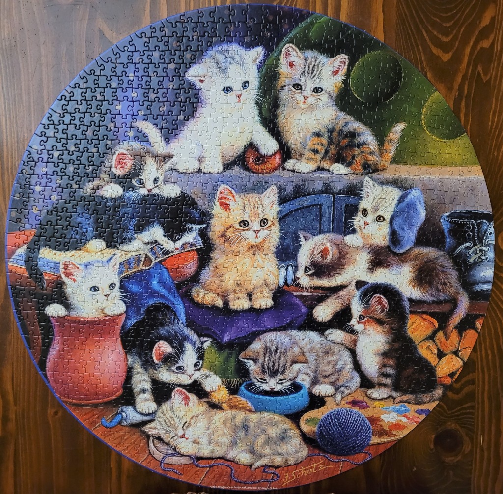 A round illustration of ten playful kittens in various poses surrounded by yarn and household items.