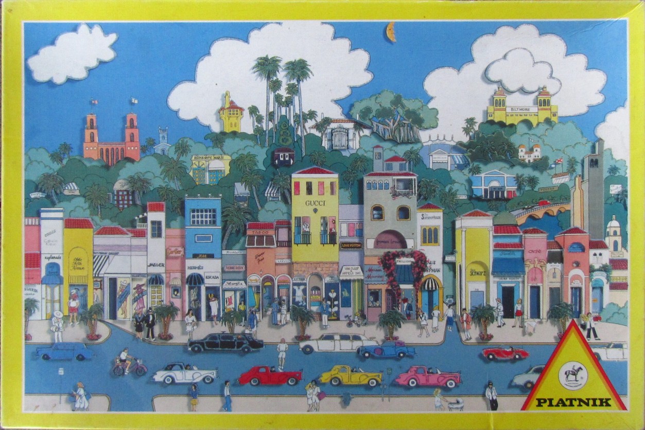 A whimsical illustration of a bustling, colorful Mediterranean-style shopping street filled with luxury boutique storefronts