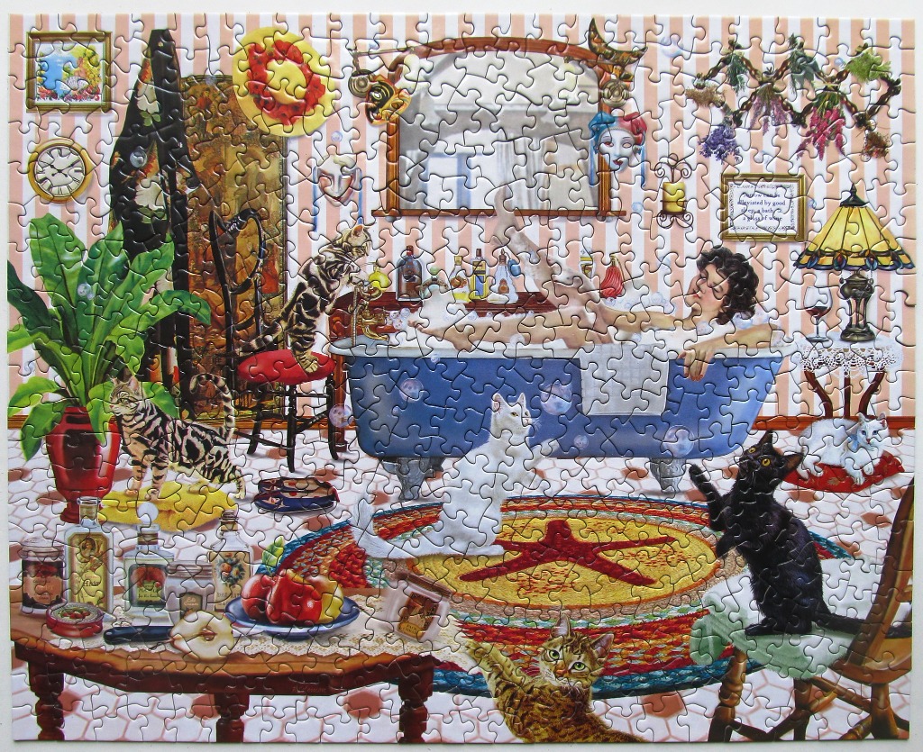 A whimsical illustration of a woman relaxing in a clawfoot bathtub surrounded by six colorful cats in a cluttered room.