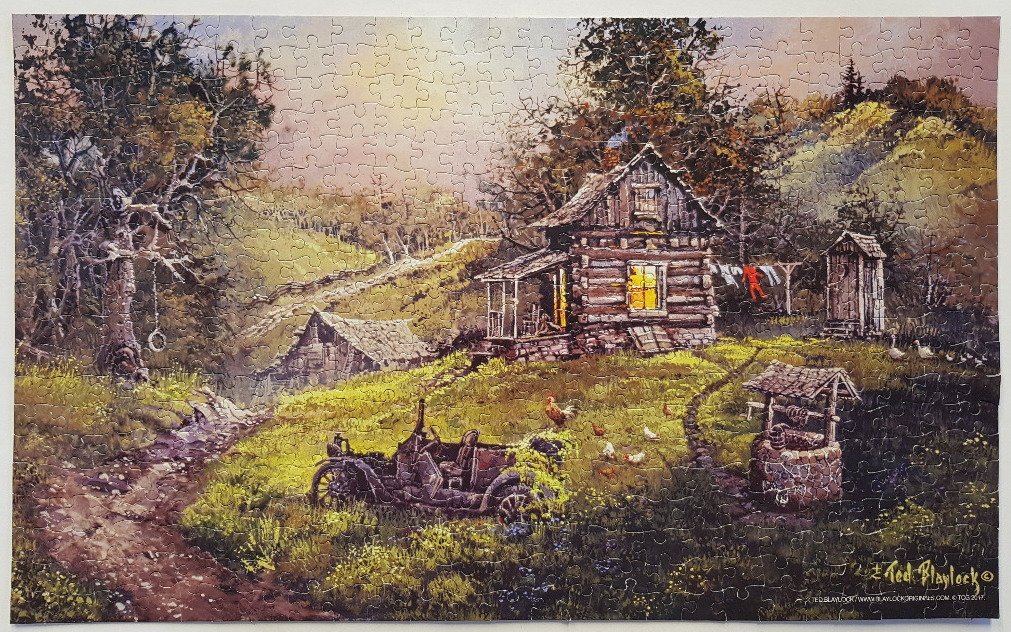 A painting of a rustic log cabin in a sunny, rural meadow with an antique car, a stone well, and chickens.