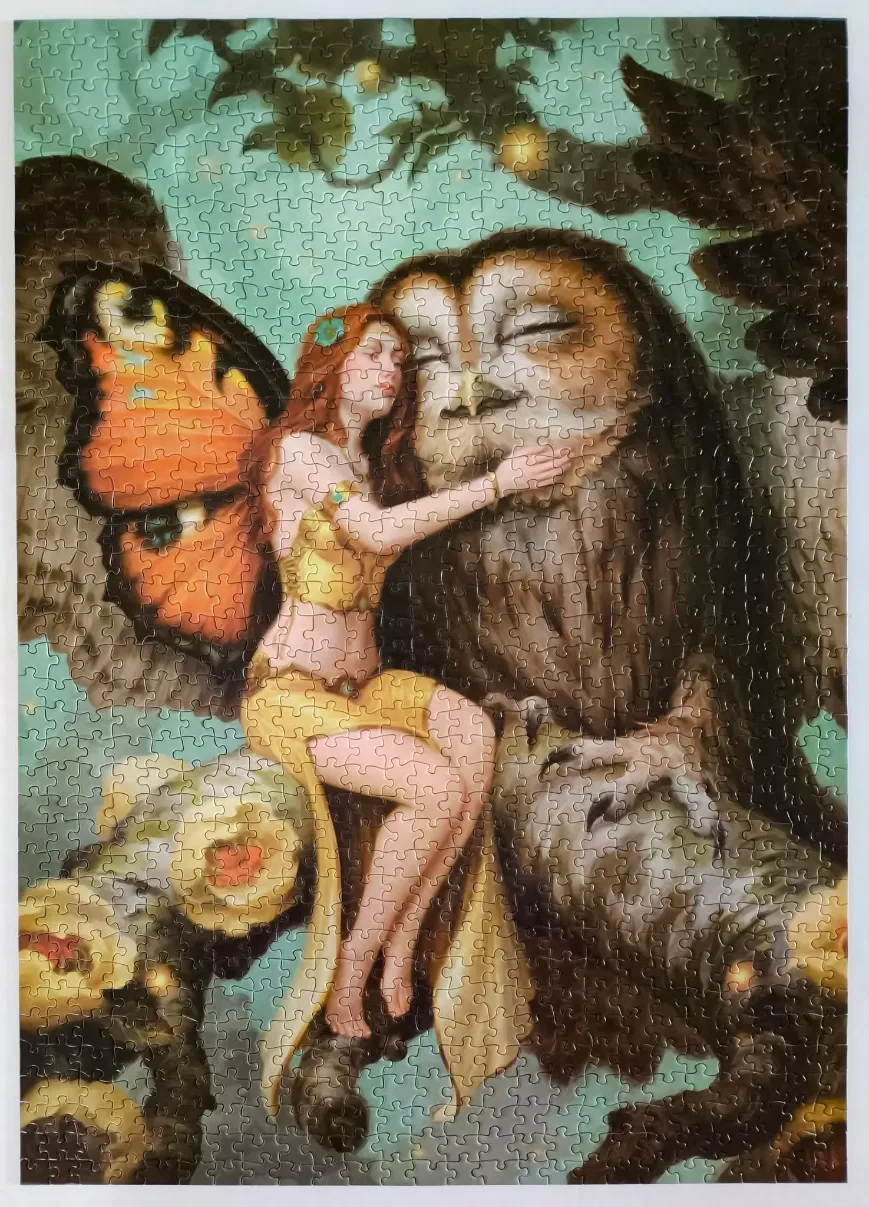 A fairy with butterfly wings embracing a giant owl in a forest setting.