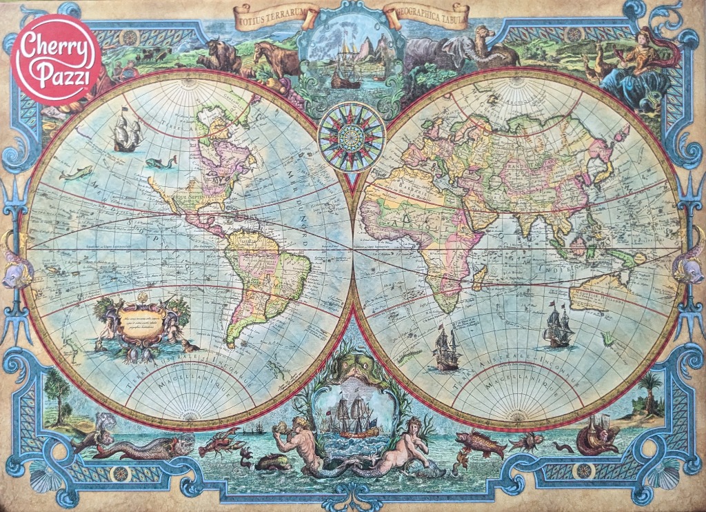 An antique-style double-hemisphere world map featuring ornate borders, mythical sea creatures, and vintage ships.