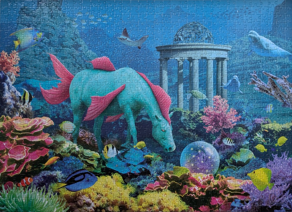 A whimsical underwater scene featuring a teal seahorse-like creature and a classical stone gazebo on a coral reef.