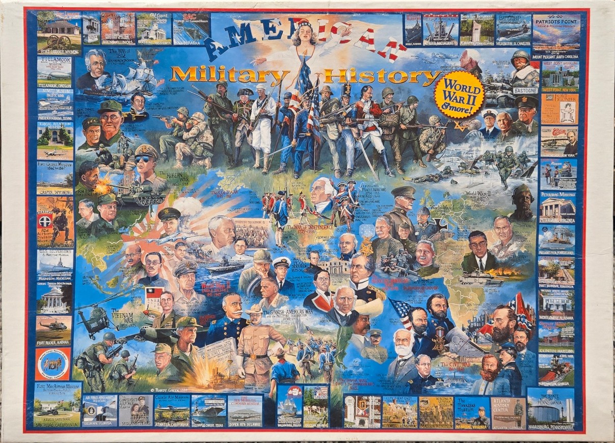 Collage of American military history featuring various soldiers, historical figures, and small inset images.