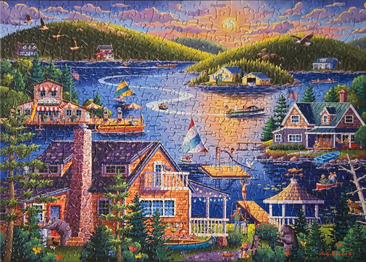 A scenic lake landscape at sunset featuring cabins, boats, and wildlife in a vibrant illustrative style.