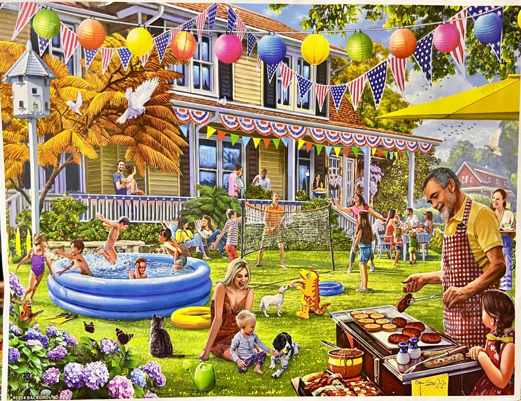 A summer backyard scene featuring a group of people enjoying a barbecue, a swimming pool, and badminton.