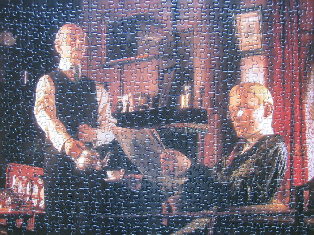 An illustration of a valet serving tea to an older man in a Victorian-style room.