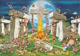 A whimsical illustration of many cartoon cavepeople interacting with the giant stones of Stonehenge.