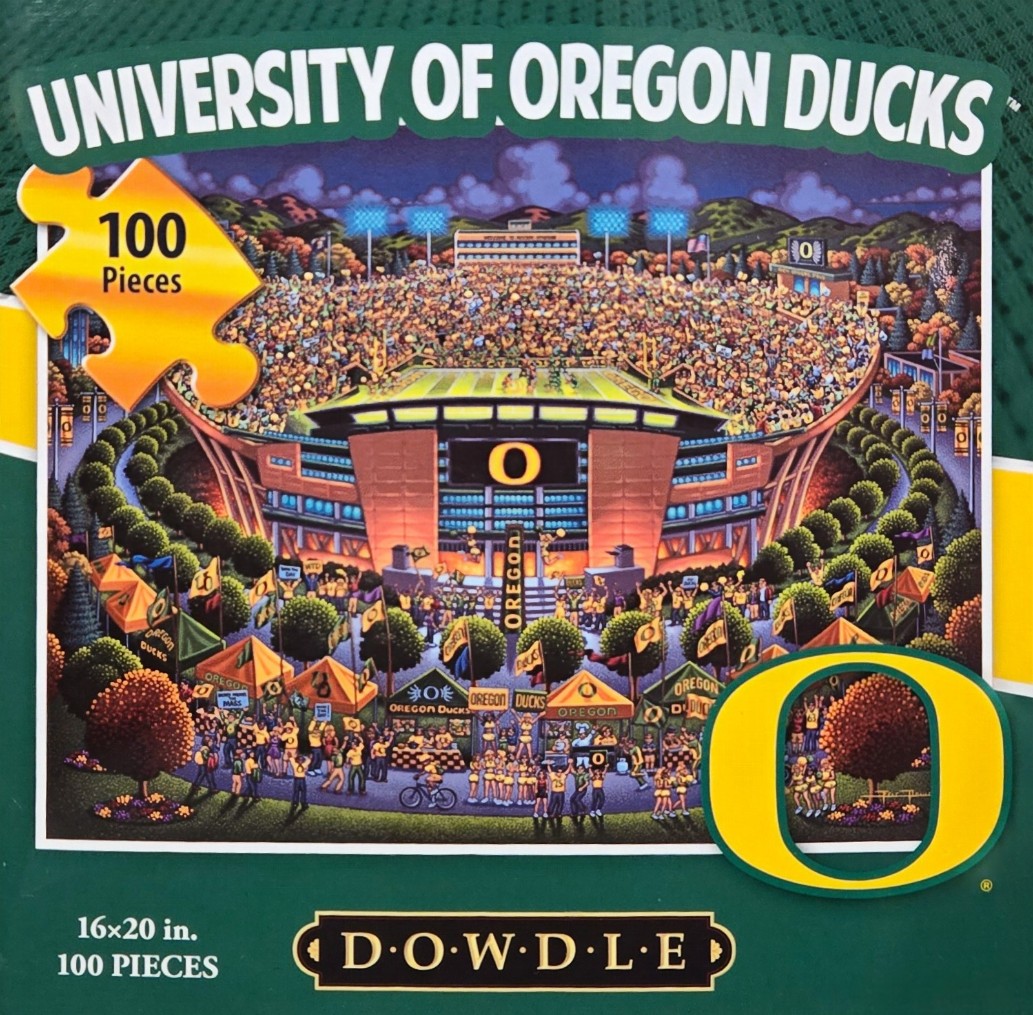 Illustration of the University of Oregon football stadium at dusk, filled with fans and surrounded by tailgating tents.