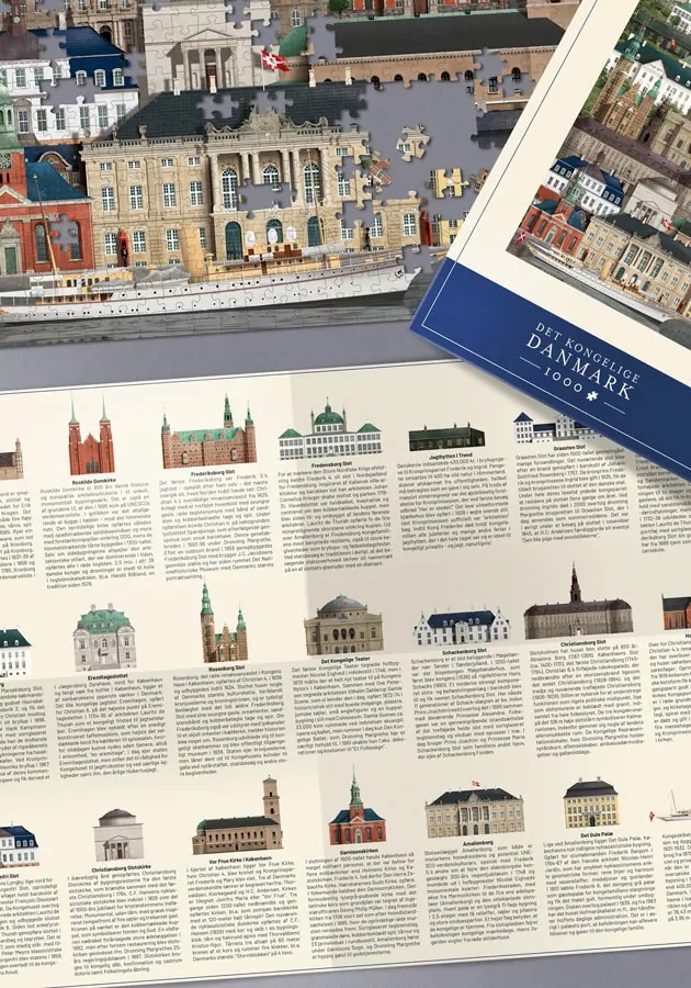 A collage of Danish royal landmarks including a large palace illustration and a series of smaller architectural icons.