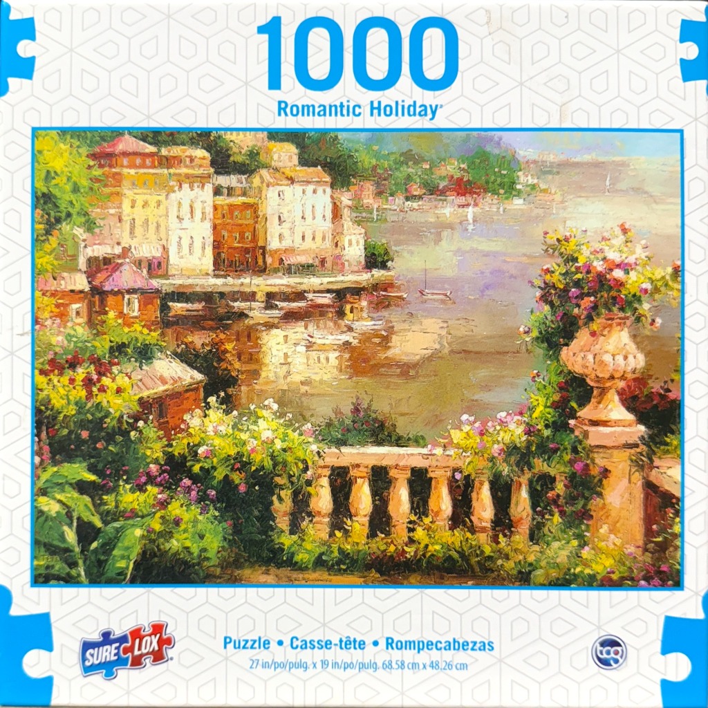 Impressionist oil painting of a Mediterranean seaside town viewed from a flower-filled stone terrace.