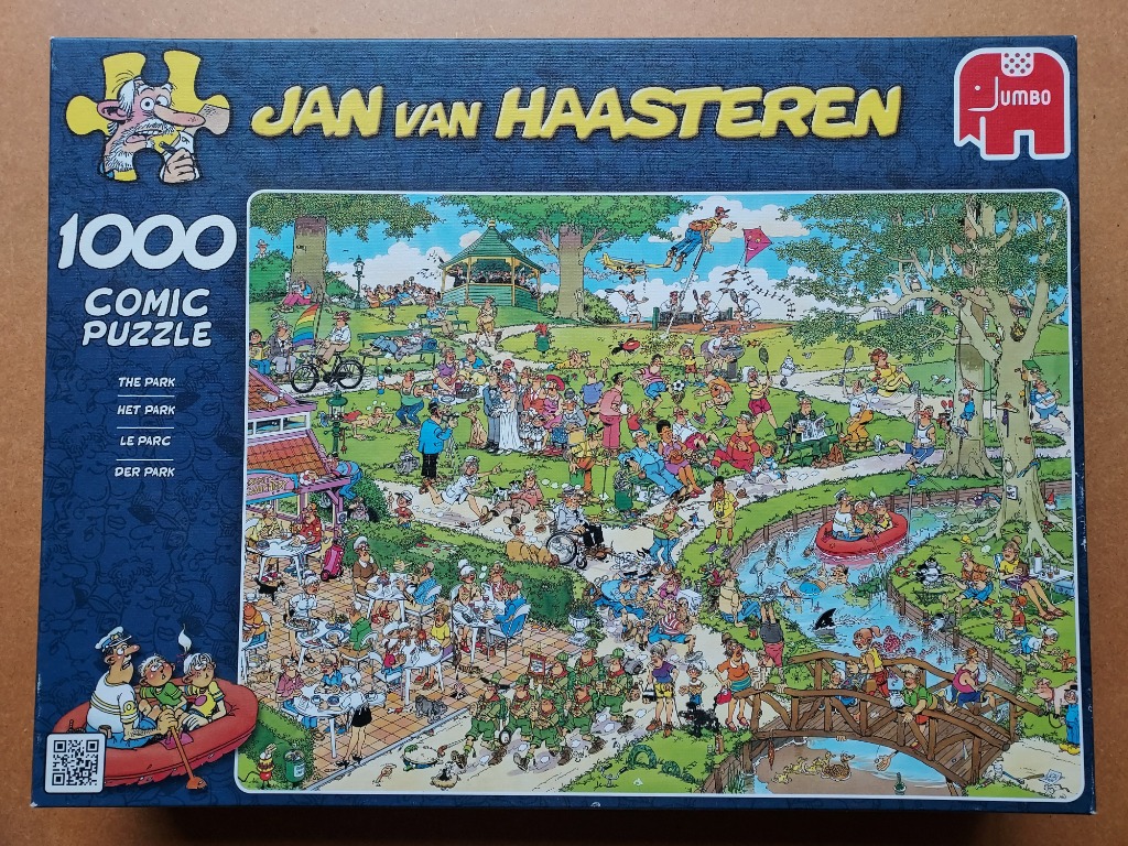 Busy, humorous cartoon illustration of a chaotic city park filled with diverse characters and whimsical mishaps.